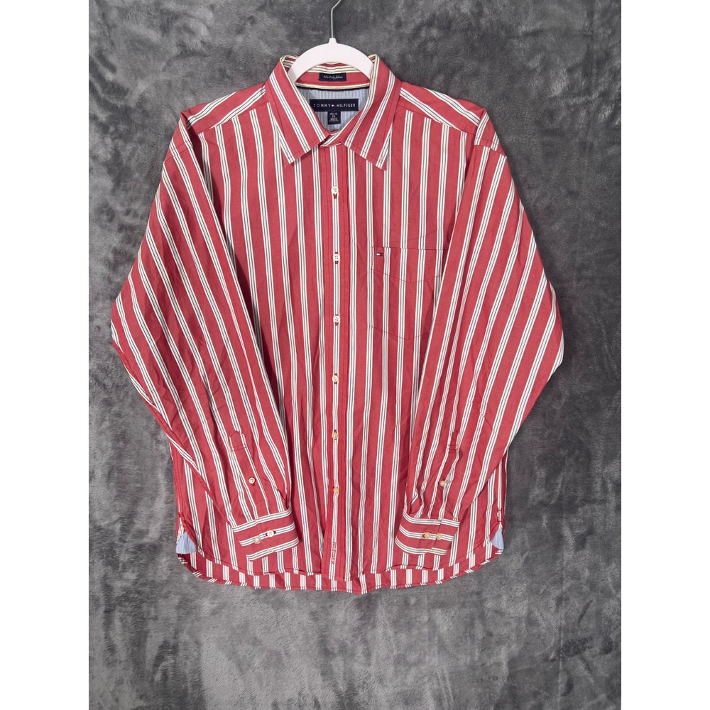 Tommy Hilfiger Mens Red White Striped Button Down Shirt 80s 2-Ply Cotton Medium
